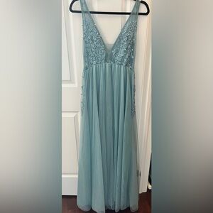 ePretty Dusty Blue V-Neck Tulle Embroidered Formal Dress